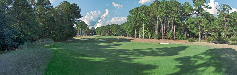 Image: Long straight fairway lined with pine trees