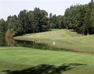 Image: Looking back from green to a tight fairway.