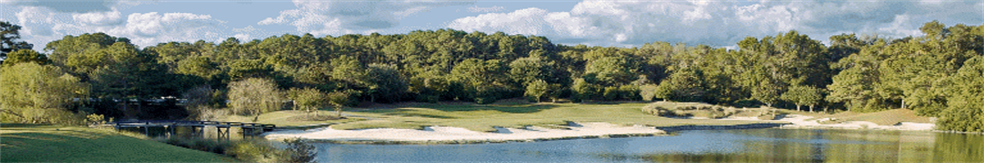 Image: Overlooking water to green surrounded by sand.